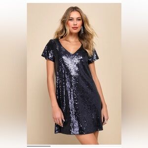 Lulus Light Up The Night Navy Blue Sequin Shift Dress Women’s SZ M Mini New